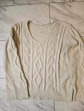 Cream Cable Knit V Neck Sweater Soft Cozy Layering